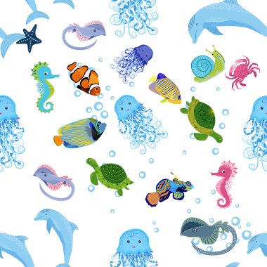 Deniz canlılarının kusursuz desenleri, deniz kabukları, deniz yosunu, denizyıldızı, deniz hayvanları ve vahşi yaşam arasında güzel bir karakter..