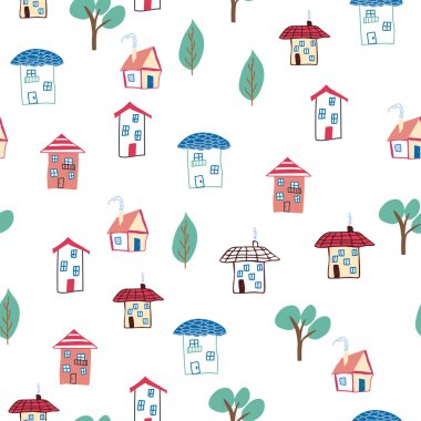 Ev karalaması elementi olan kusursuz çocuklar. ev desenleri, sevimli renkli evler, komik çocuk dekorasyonu.