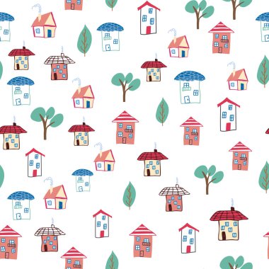 Ev karalaması elementi olan kusursuz çocuklar. ev desenleri, sevimli renkli evler, komik çocuk dekorasyonu.