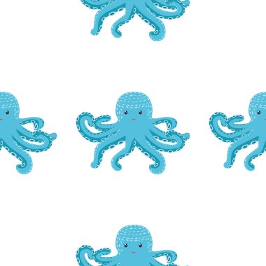 Sevimli ahtapot, yosun ve inciyle kusursuz bir desen. Sevimli elle çizilmiş çocuksu, pürüzsüz bir şekil. Moda çocuk odası arka planı