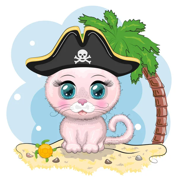 Kedi korsan, oyunun çizgi film karakteri, bandana takmış vahşi bir kedi, kafatası ve göz bandı olan bir horoz şapkası. Palmiye ağaçlarıyla kumsalda parlak gözlü bir karakter.