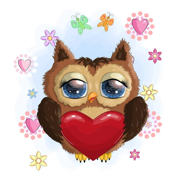 Sevgililer günü kartı. Sevimli Çizgi film Baykuşu. Yürekli ve çiçekli.