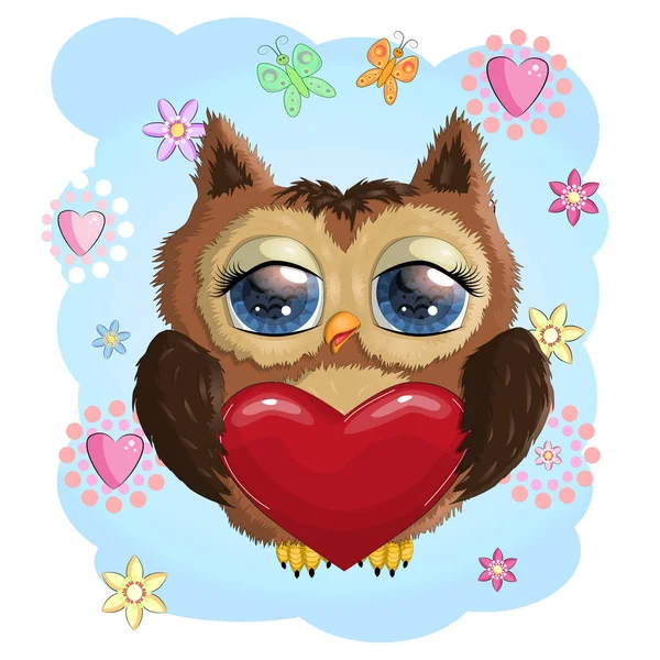 Sevgililer günü kartı. Sevimli Çizgi film Baykuşu. Yürekli ve çiçekli.