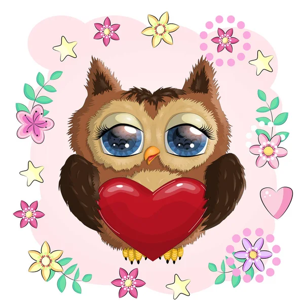 Sevgililer günü kartı. Sevimli Çizgi film Baykuşu. Yürekli ve çiçekli.