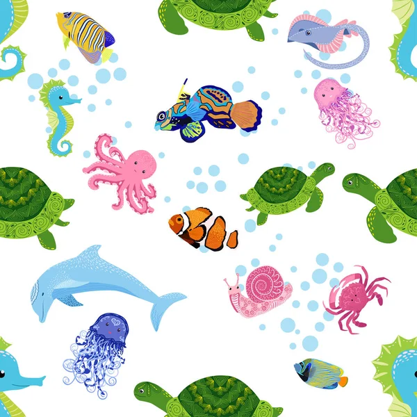 Marine Life Fish Animals Bright Seamless Pattern Sea Travel Underwater — Stock Vector