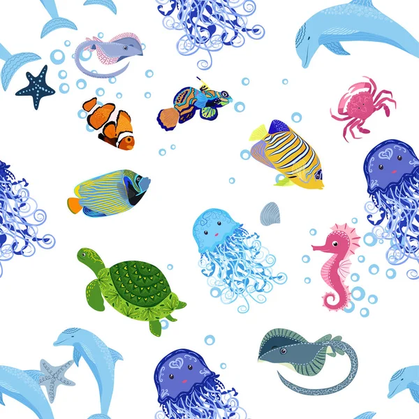 Sea Inhabitants Seamless Pattern Beautiful Character Seashells Seaweed Starfish Sea — Stock Vector