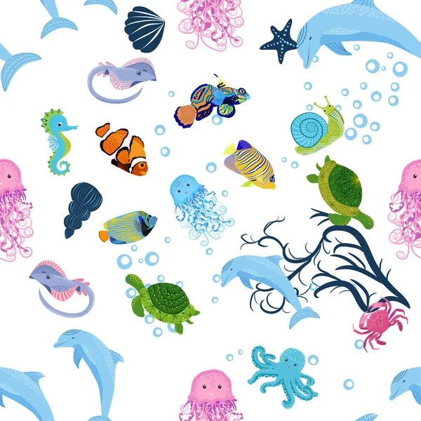 Sea Inhabitants Seamless Pattern Beautiful Character Seashells Seaweed Starfish Sea — Stock Vector