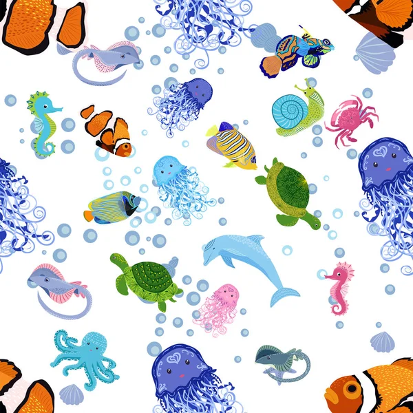 Mořský Život Ryby Zvířata Jasný Hladký Vzor Cestování Moři Potápění — Stockový vektor