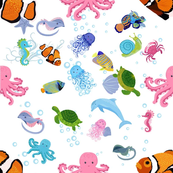 Marine Life Fish Animals Bright Seamless Pattern Sea Travel Underwater — Stock Vector