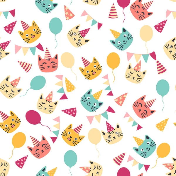 Kusursuz doğum günü kutlaması unsurları. Balonlar, hediyeler, bayrak, pasta, şapkalı şirin kedi. Doğum günü kartı şablonu. Renkli çelenk bayrakları, taç giymiş şirin bir kedi ve konfeti.