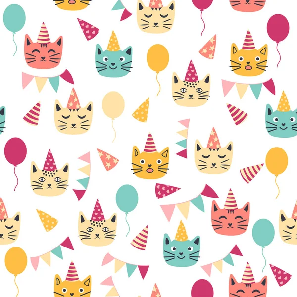 Kusursuz doğum günü kutlaması unsurları. Balonlar, hediyeler, bayrak, pasta, şapkalı şirin kedi. Doğum günü kartı şablonu. Renkli çelenk bayrakları, taç giymiş şirin bir kedi ve konfeti.