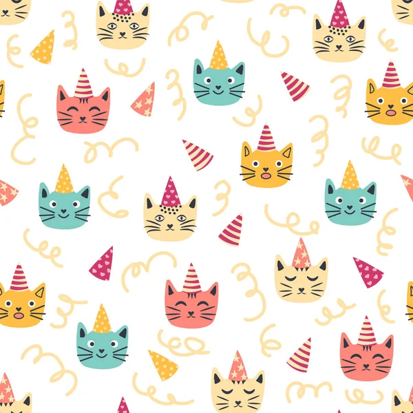 Kusursuz doğum günü kutlaması unsurları. Balonlar, hediyeler, bayrak, pasta, şapkalı şirin kedi. Doğum günü kartı şablonu. Renkli çelenk bayrakları, taç giymiş şirin bir kedi ve konfeti.