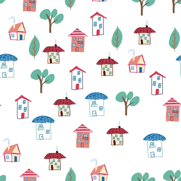 Pattern Seamless Kids Home Doodle Coloring Element House Pattern Cute — 图库矢量图片