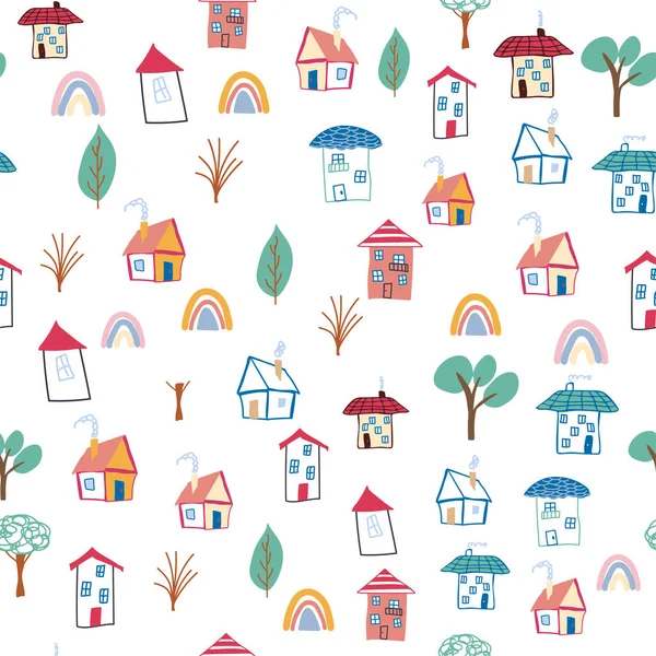 Ev karalaması elementi olan kusursuz çocuklar. ev desenleri, sevimli renkli evler, komik çocuk dekorasyonu.