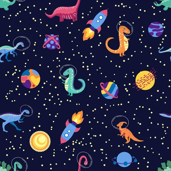 Dino in space seamless pattern. Cute dragon characters, dinosaur traveling galaxy with stars, planets. Kids cartoon background.