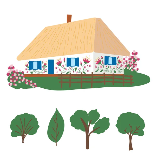 白い壁 茅葺き屋根 花の庭とウィッカーフェンスとウクライナの伝統的な家 ウクライナの民俗農村建築 歴史的生活のカラフルなクリップ — ストックベクタ