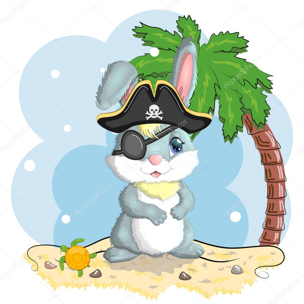 Bunny pirate, cartoon character of the game, wild animal rabbit in a bandana and a cocked hat with a skull, with an eye patch. Character with bright eyes on the beach with palm trees