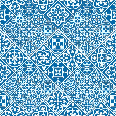 Azulejo fayanslarıyla Portekiz 'in pürüzsüz deseni. Renkli Fas fayanslarından ve süslemelerden muhteşem, dikişsiz yama desenleri. Duvar kağıdı, şablon dolguları, web sayfası arkaplanı, yüzey dokuları.