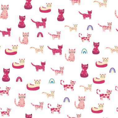 Komik renkli kedileri ve gökkuşakları olan kusursuz çocuksu bir model. Yaratıcı İskandinav çocuk dokusu. Miyav yazıtı