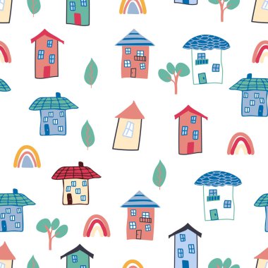 Ev karalaması elementi olan kusursuz çocuklar. ev desenleri, sevimli renkli evler, komik çocuk dekorasyonu.