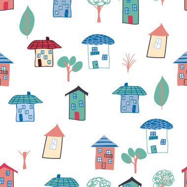 Ev karalaması elementi olan kusursuz çocuklar. ev desenleri, sevimli renkli evler, komik çocuk dekorasyonu.
