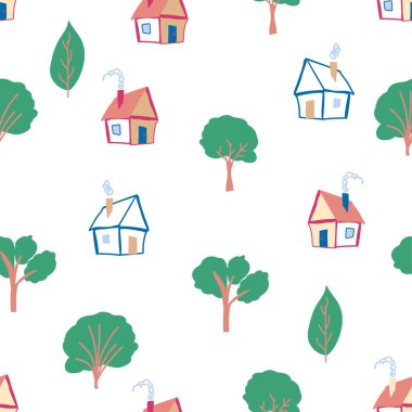 Ev karalaması elementi olan kusursuz çocuklar. ev desenleri, sevimli renkli evler, komik çocuk dekorasyonu.