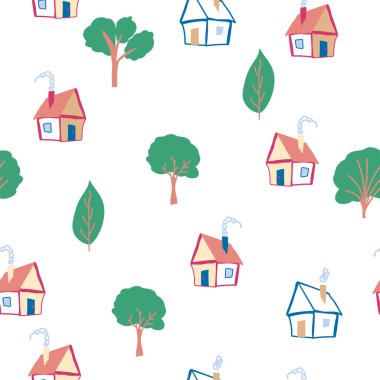 Ev karalaması elementi olan kusursuz çocuklar. ev desenleri, sevimli renkli evler, komik çocuk dekorasyonu.