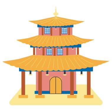 Diaojiaolou. Renkli Çin binaları, izole edilmiş düz çizimler. Çin kenti geleneksel pagoda evi