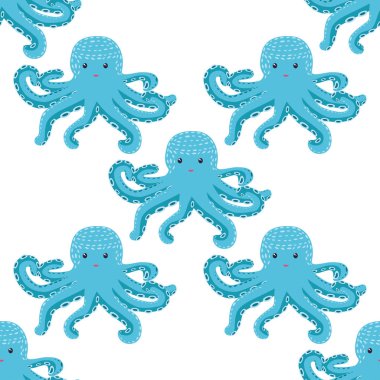 Sevimli ahtapot, yosun ve inciyle kusursuz bir desen. Sevimli elle çizilmiş çocuksu, pürüzsüz bir şekil. Moda çocuk odası arka planı