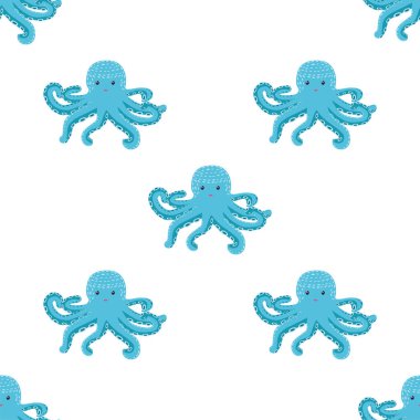Sevimli ahtapot, yosun ve inciyle kusursuz bir desen. Sevimli elle çizilmiş çocuksu, pürüzsüz bir şekil. Moda çocuk odası arka planı