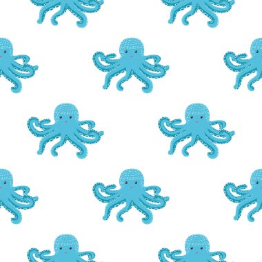 Sevimli ahtapot, yosun ve inciyle kusursuz bir desen. Sevimli elle çizilmiş çocuksu, pürüzsüz bir şekil. Moda çocuk odası arka planı