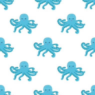 Sevimli ahtapot, yosun ve inciyle kusursuz bir desen. Sevimli elle çizilmiş çocuksu, pürüzsüz bir şekil. Moda çocuk odası arka planı