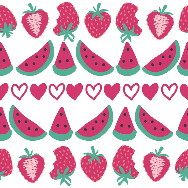 Seamless Watermelon Strawberry Pattern Strawberries Watermelon Seamless Hand Drawn Pattern — Wektor stockowy