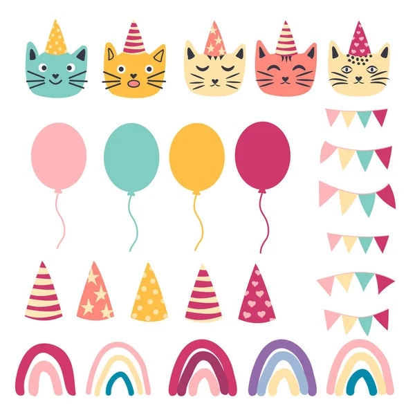 誕生日のお祝い要素のシームレスなパターン 贈り物 ケーキ 帽子のかわいい猫 誕生日カードのテンプレート カラーガーランドフラッグ クラウンのかわいい猫とコンフェッティ — ストックベクタ