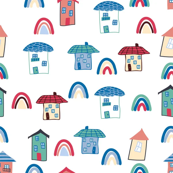 家のドアの着色要素を持つパターンのシームレスな子供 家のパターンかわいいカラフルな家面白い子供の装飾 — ストックベクタ