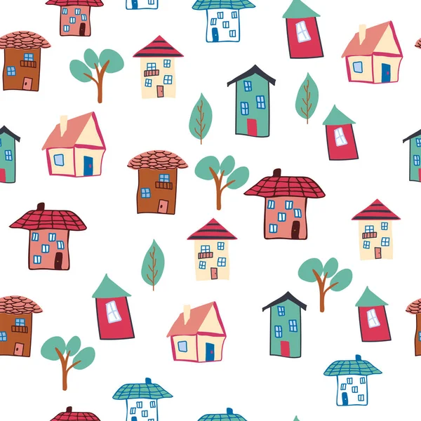 模式无缝儿童与家庭涂鸦着色元素 房子样式 漂亮多彩的房子 有趣的孩子装饰 — 图库矢量图片