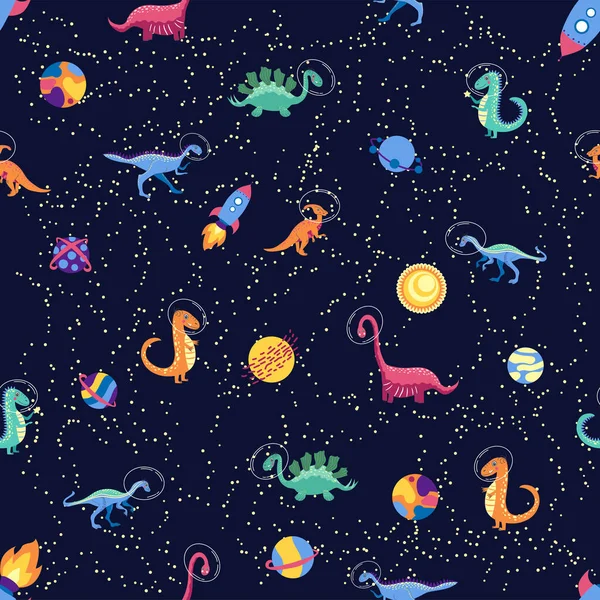 Dino in space seamless pattern. Cute dragon characters, dinosaur traveling galaxy with stars, planets. Kids cartoon background.