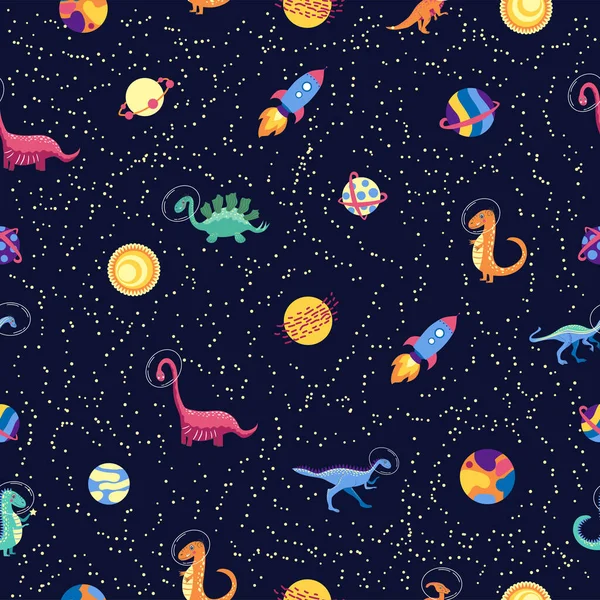 Dino in space seamless pattern. Cute dragon characters, dinosaur traveling galaxy with stars, planets. Kids cartoon background.