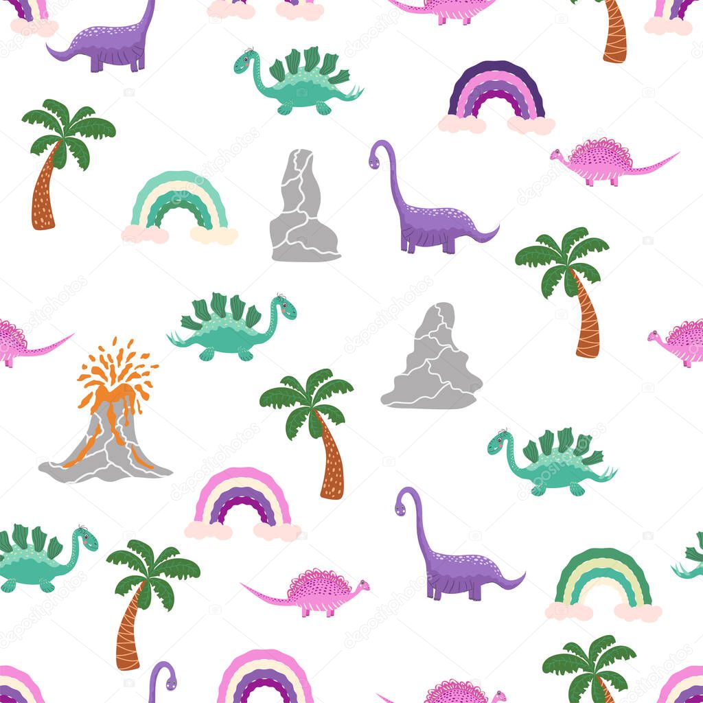 Cute dinosaurs and tropic plants. Funny cartoon dino seamless pattern. Handdrawn cute dinosaurs seamless pattern. Children pattern with dinos, rainbows