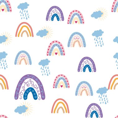 Gökkuşağı renklerinde pürüzsüz desen. İskandinav bebek eli çizimi tekstil ve yeni doğan kıyafetleri için mükemmel..