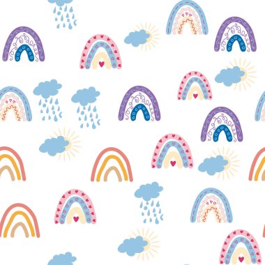 Gökkuşağı renklerinde pürüzsüz desen. İskandinav bebek eli çizimi tekstil ve yeni doğan kıyafetleri için mükemmel..