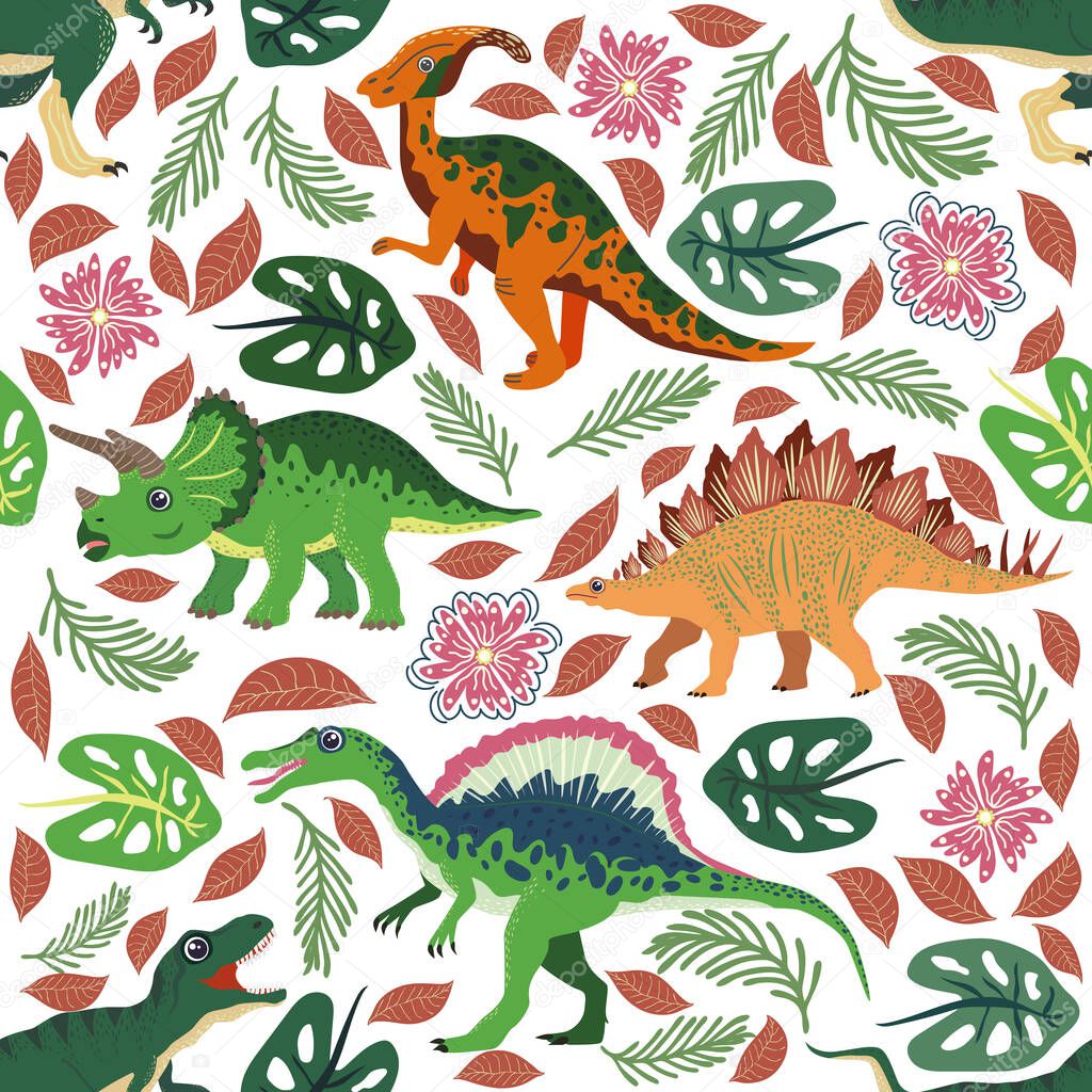 Hand drawn seamless pattern with dinosaurs and tropical leaves and flowers. Perfect for kids fabric, textile, nursery wallpaper. Cute dino design.