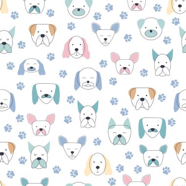 Köpek suratlı kusursuz çocuksu bir şekil. Yaratıcı kreş geçmişi. Çocuk tasarımı, kumaşı, ambalajı, duvar kağıdı, tekstil, giysi için mükemmel.