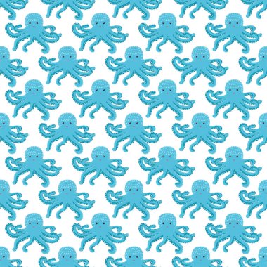Sevimli ahtapot, yosun ve inciyle kusursuz bir desen. Sevimli elle çizilmiş çocuksu, pürüzsüz bir şekil. Moda çocuk odası arka planı