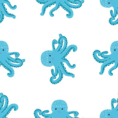 Sevimli ahtapot, yosun ve inciyle kusursuz bir desen. Sevimli elle çizilmiş çocuksu, pürüzsüz bir şekil. Moda çocuk odası arka planı