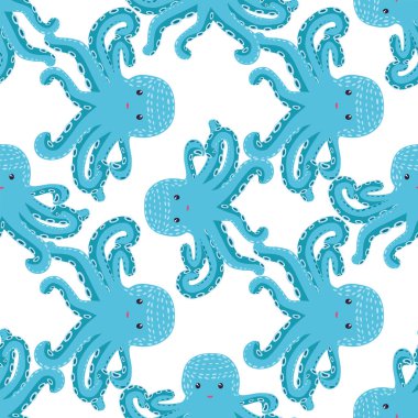 Sevimli ahtapot, yosun ve inciyle kusursuz bir desen. Sevimli elle çizilmiş çocuksu, pürüzsüz bir şekil. Moda çocuk odası arka planı