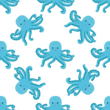 Sevimli ahtapot, yosun ve inciyle kusursuz bir desen. Sevimli elle çizilmiş çocuksu, pürüzsüz bir şekil. Moda çocuk odası arka planı