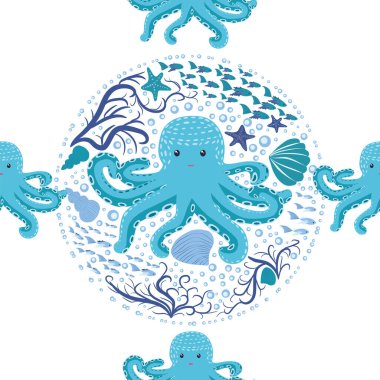 Sevimli ahtapot, yosun ve inciyle kusursuz bir desen. Sevimli elle çizilmiş çocuksu, pürüzsüz bir şekil. Moda çocuk odası arka planı