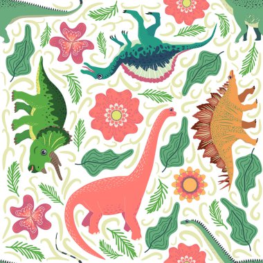 Dinozorlar, tropikal yapraklar ve çiçeklerle el çizimi kusursuz desen. Çocuklar için mükemmel kumaş, tekstil, çocuk odası duvar kâğıdı. Şirin dino tasarımı.
