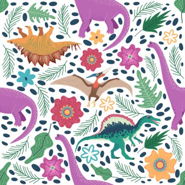 Dinozorlar, tropikal yapraklar ve çiçeklerle el çizimi kusursuz desen. Çocuklar için mükemmel kumaş, tekstil, çocuk odası duvar kâğıdı. Şirin dino tasarımı.